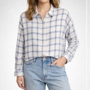 Madewell Women's Plaid Button Down Shirt Size M White Blue Cropped